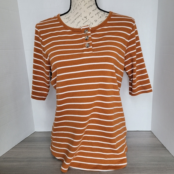 Lands' End Orange & White Striped Quarter Button Short Sleeve Cotton Top - Sz L - Picture 2 of 7